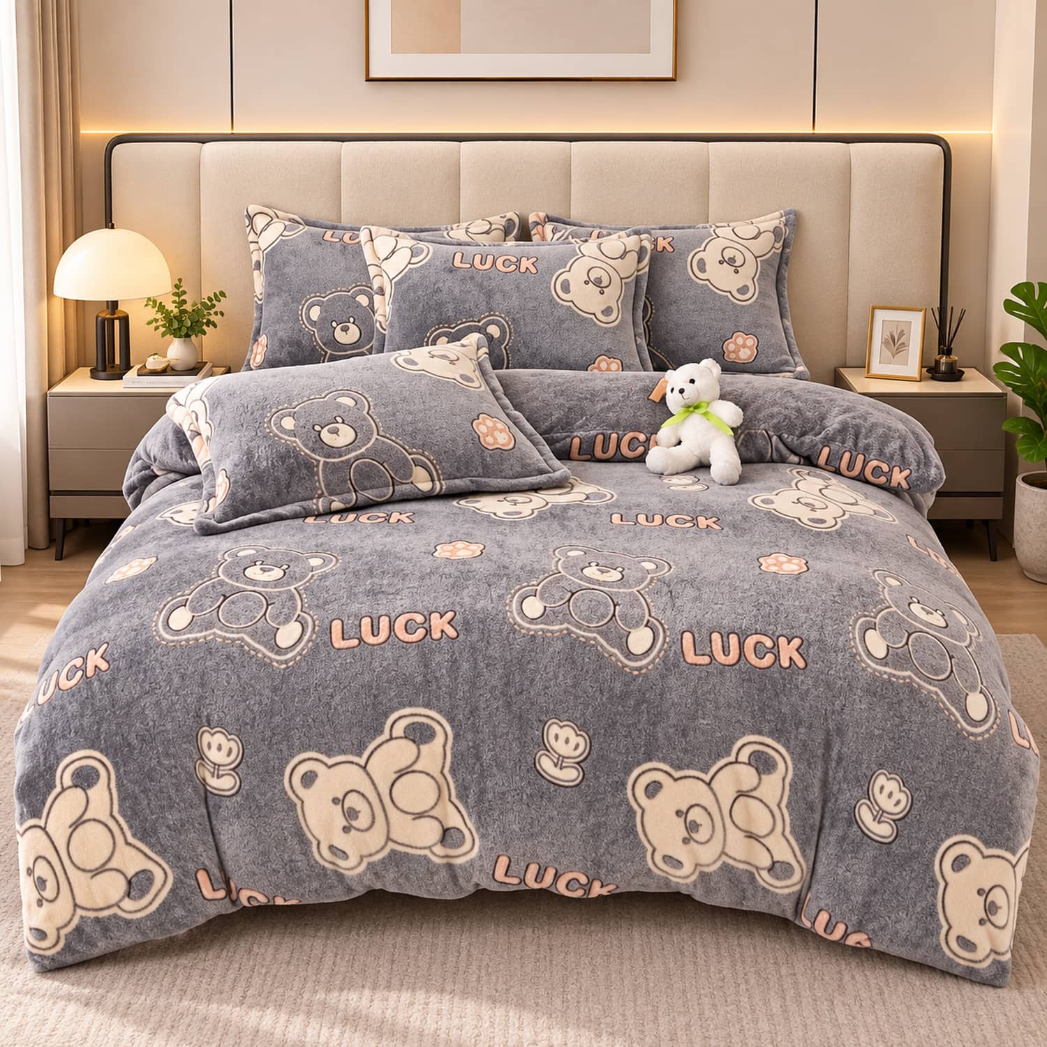 Lenjerie pat single, Cocolino, fără elastic, 4 piese, model gri cu ursuleti | Jojo Home