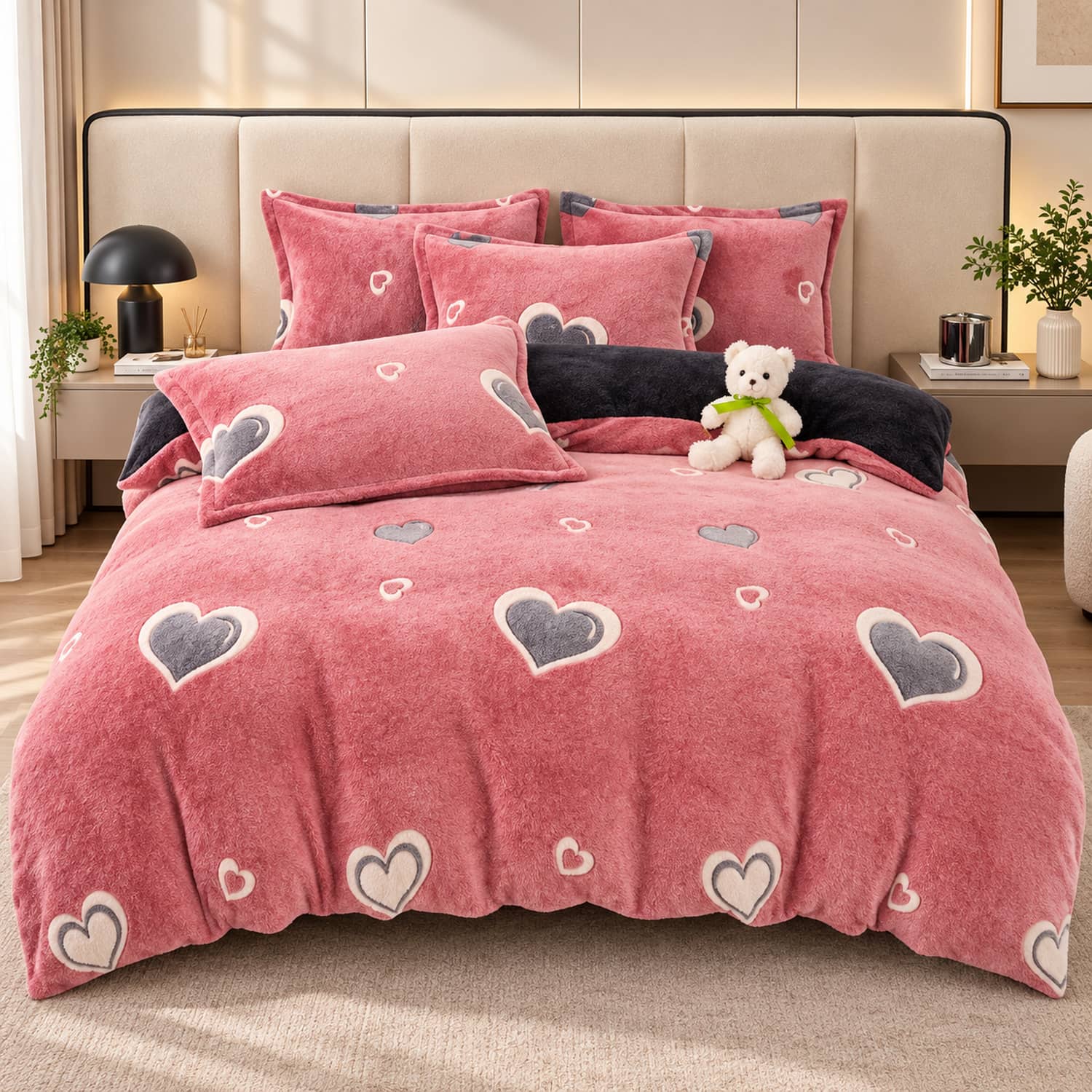 Lenjerie pat single, Cocolino, fără elastic, 4 piese, model  roz cu inimi | Jojo Home