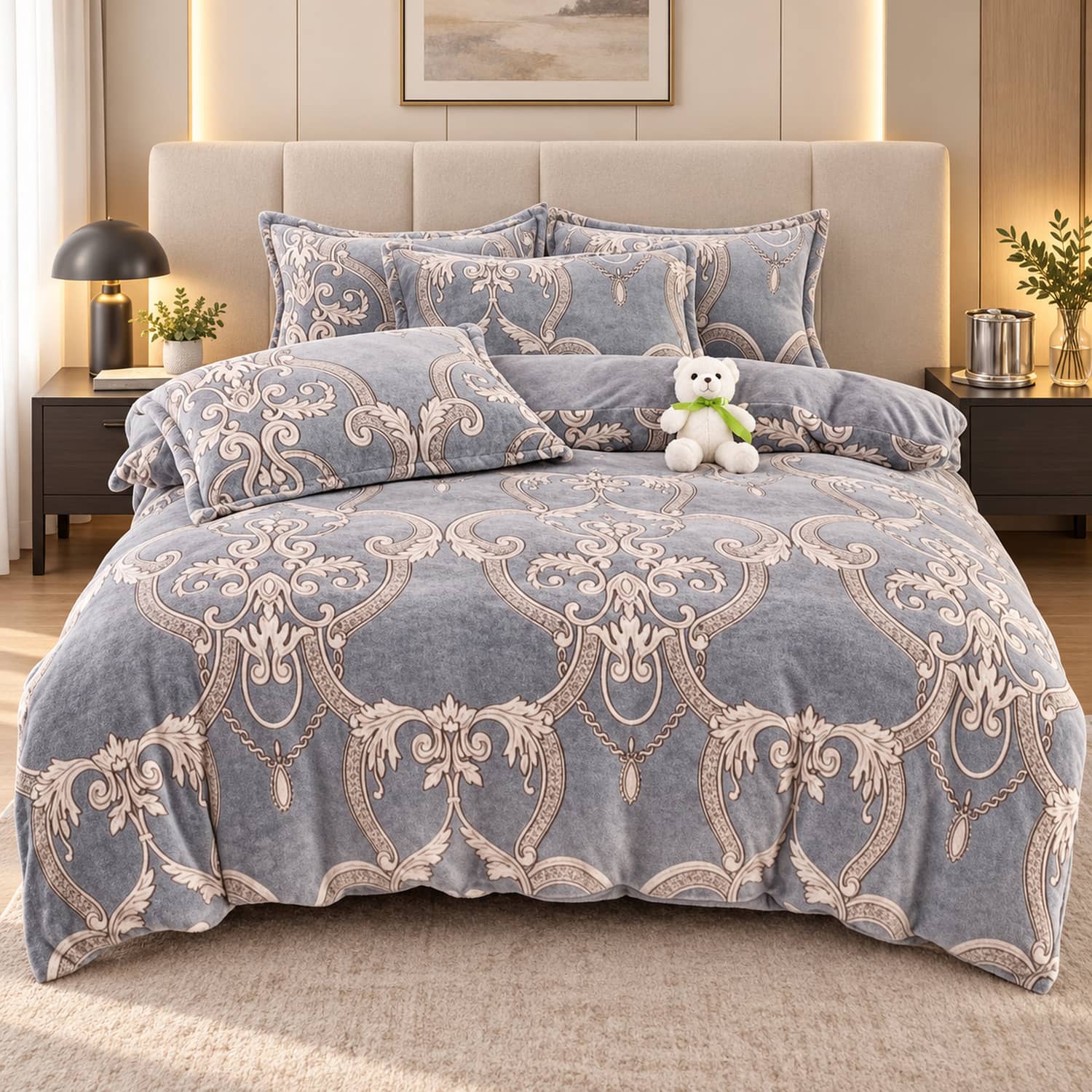 Lenjerie pat single, Cocolino, fără elastic, 4 piese, model  gri cu ornamente baroce | Jojo Home