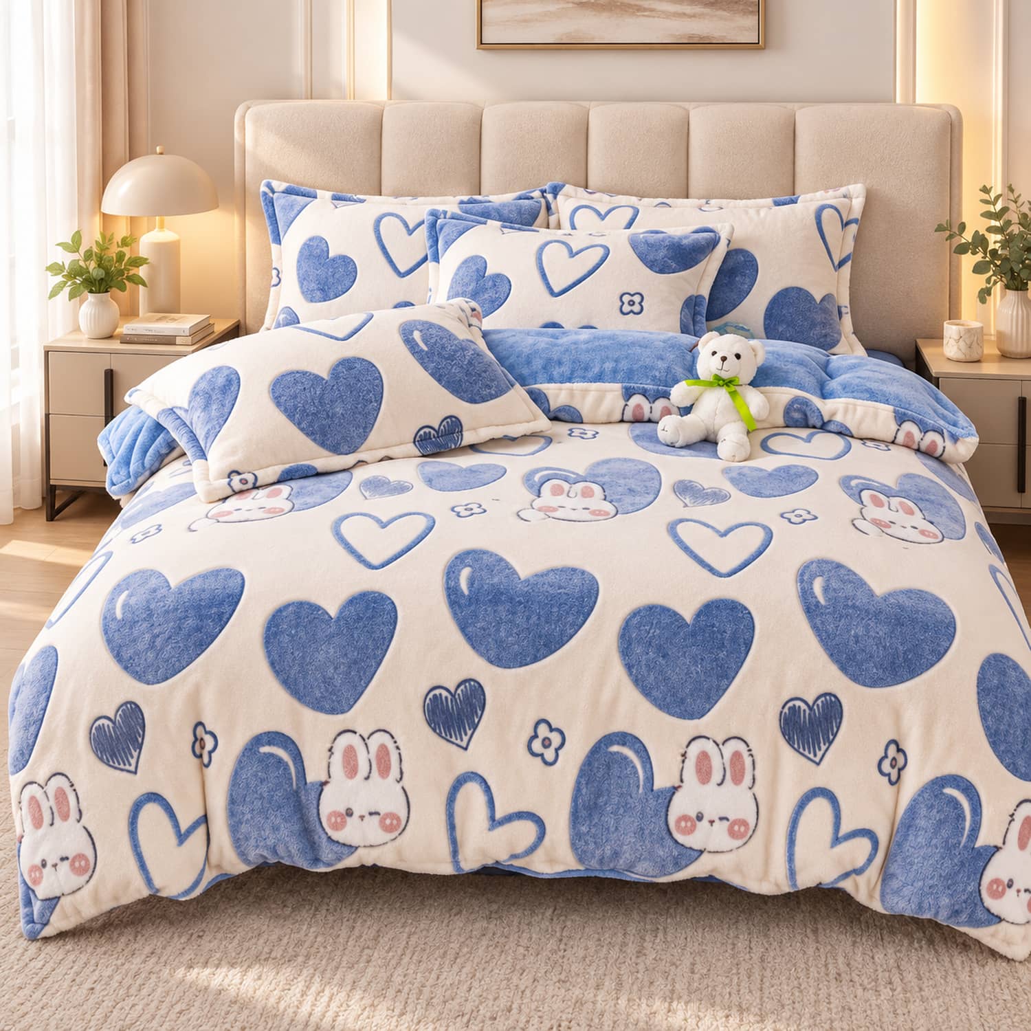 Lenjerie pat single, Cocolino, fără elastic, 4 piese, model  crem cu inimi si iepuri | Jojo Home