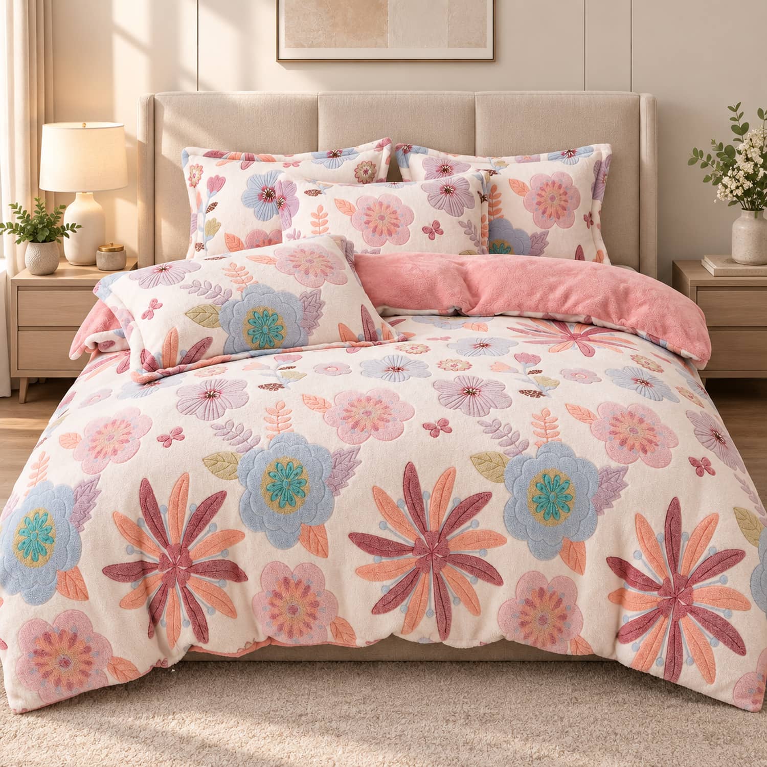 Lenjerie pat single, Cocolino, fără elastic, 4 piese, model  crem cu flori multicolore | Jojo Home