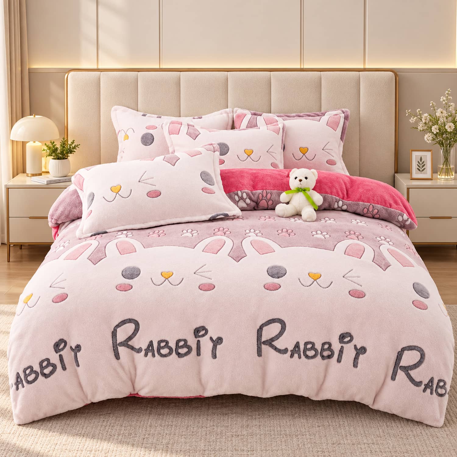 Lenjerie pat single, Cocolino, fără elastic, 4 piese, model  roz pal cu iepuri | Jojo Home