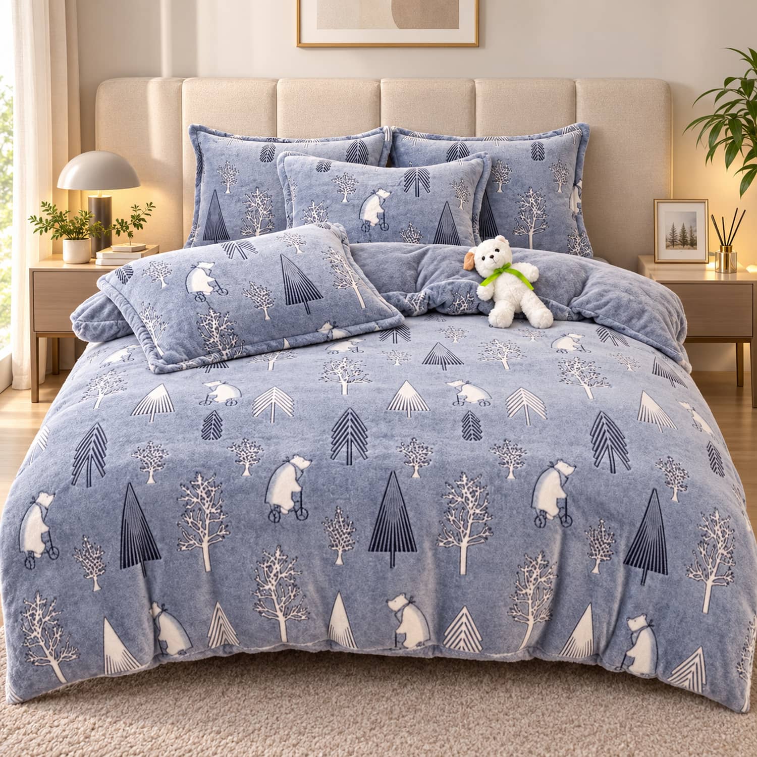 Lenjerie pat single, Cocolino, fără elastic, 4 piese, model albastru gri cu reni si brazi | Jojo Home