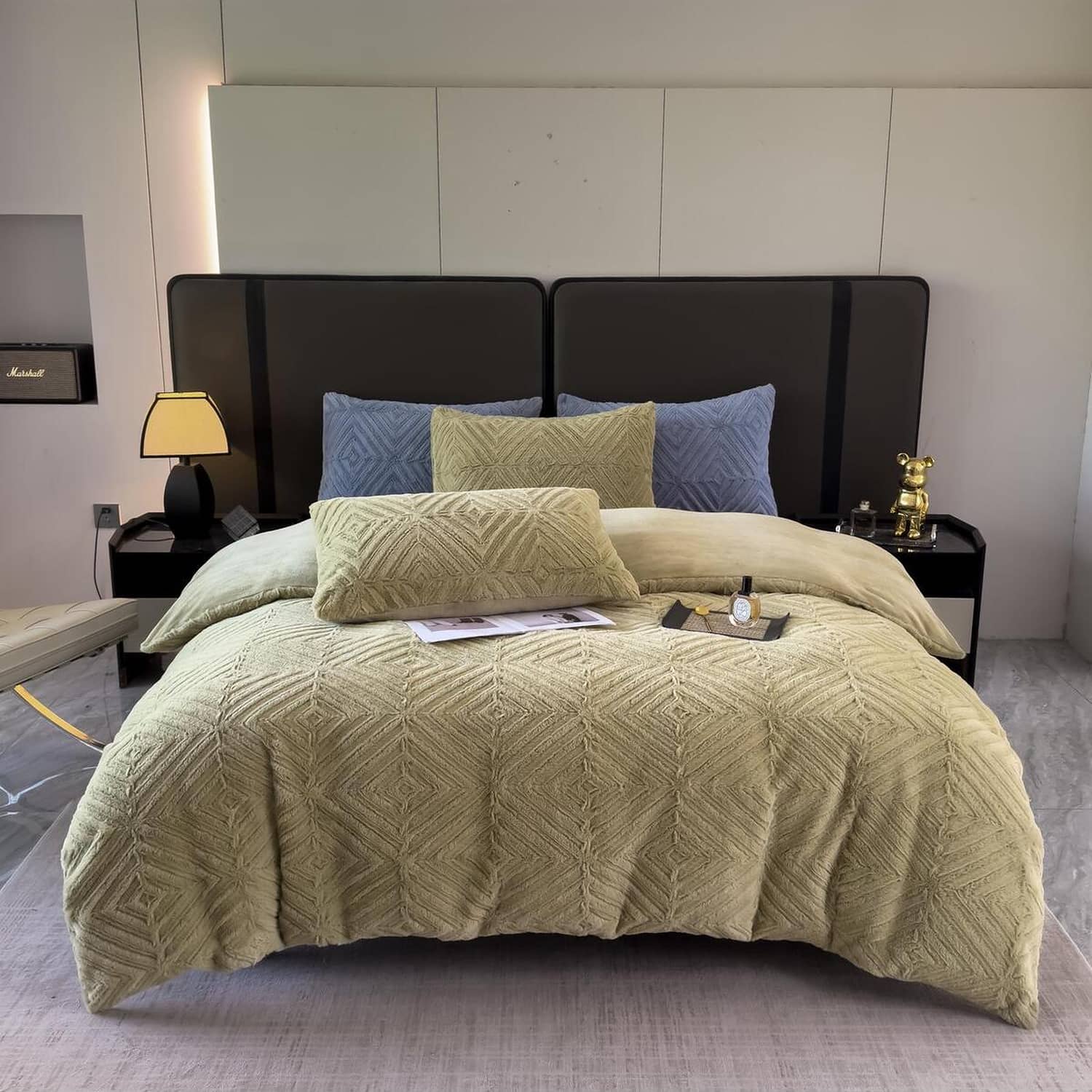 Lenjerie de pat dublu Cocolino, 4 piese, cu elastic, plușată cu fir lung, model verde oliv cu model spic | Casa New Concept