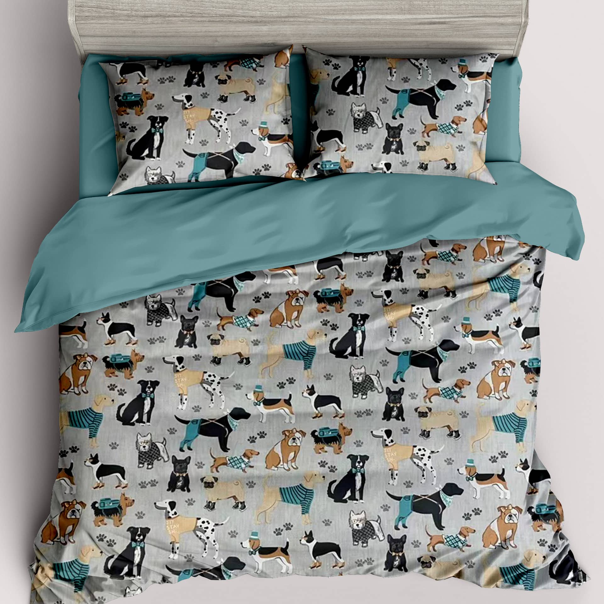 Lenjerie de pat single, 100% bumbac natural,  4 piese, model câini multicolori