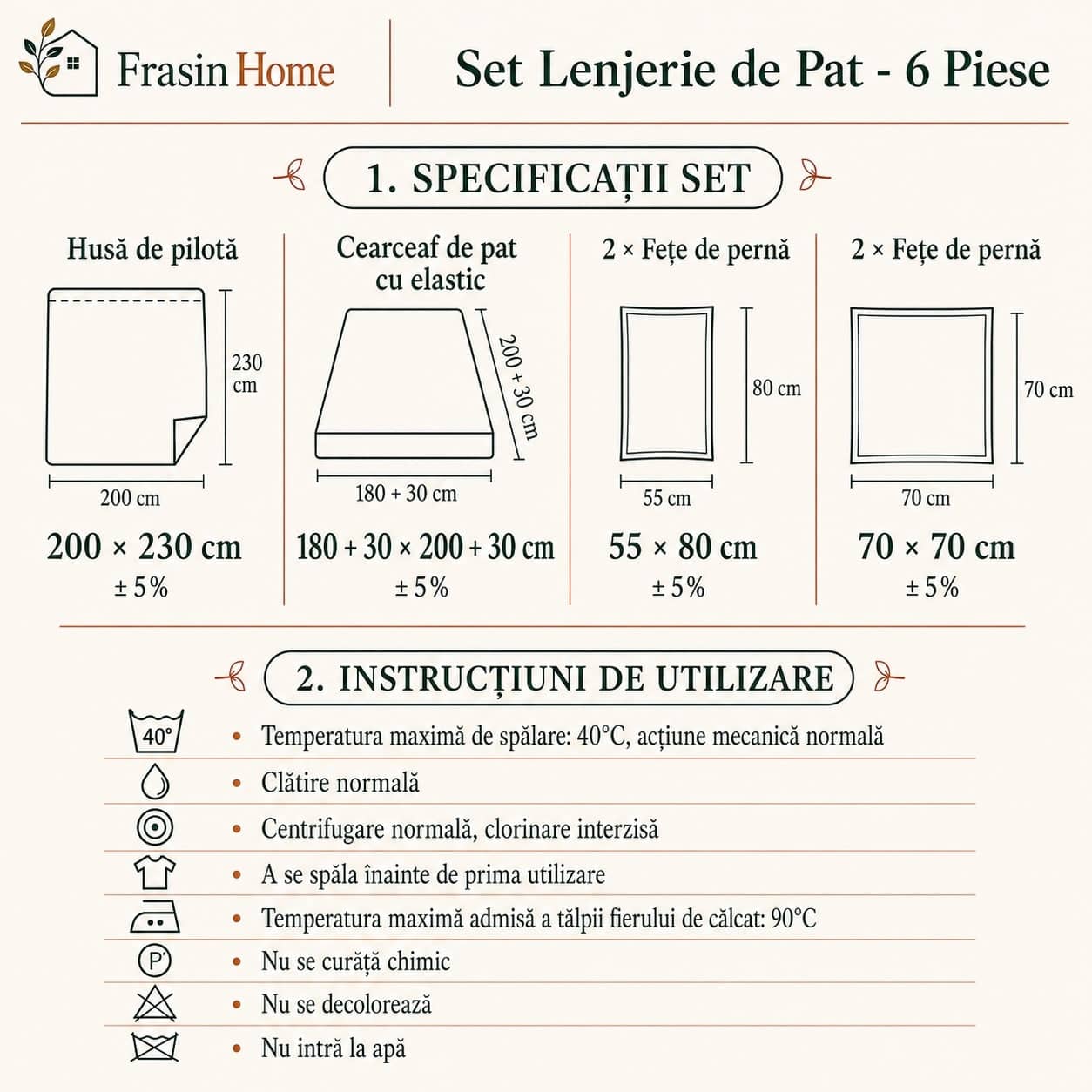 Lenjerie de pat dublu (180x200cm) cu elastic, finet gros 6 piese, model botanic cu fluturi – imagine produs 5