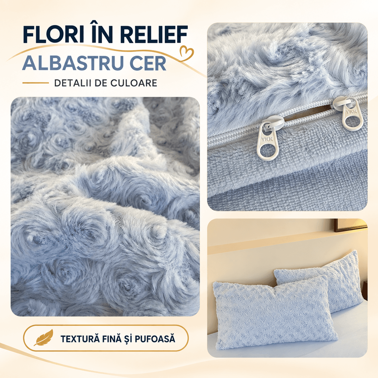 Lenjerie pat dublu, Cocolino, 4 piese, elastic, plușată cu fir lung, husă de pilotă 2-în-1, Casa New Concept, model albastru cu trandafiri – imagine produs 3