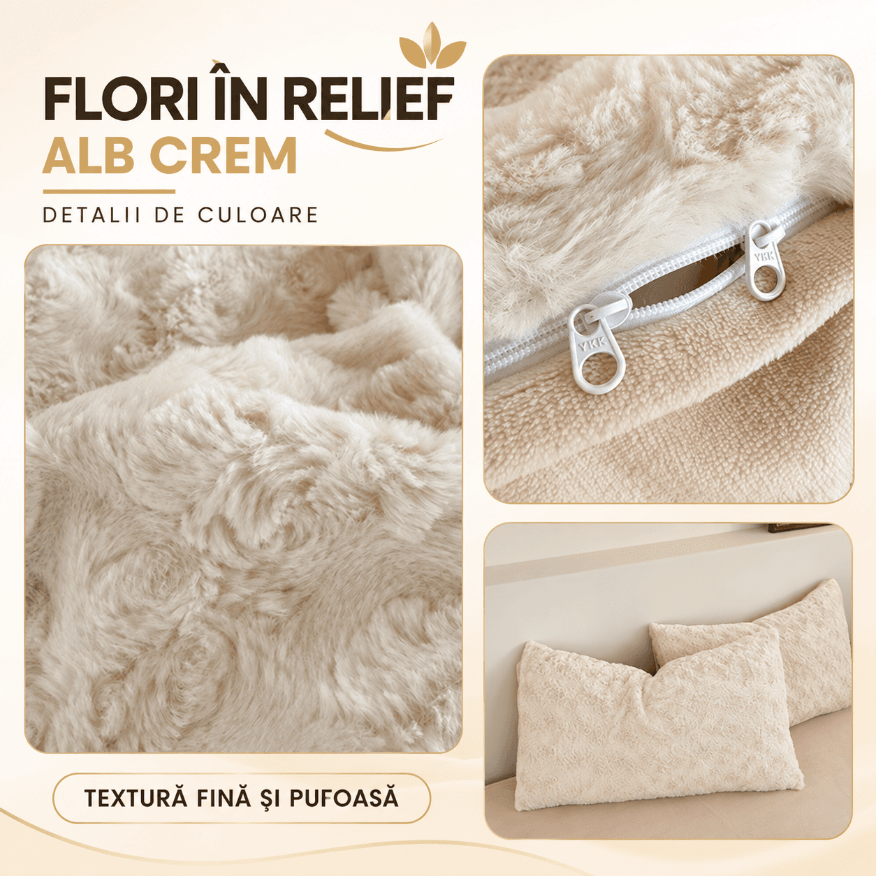 Lenjerie pat dublu, Cocolino, 4 piese, elastic, plușată cu fir lung, husă de pilotă 2-în-1, Casa New Concept, model crem cu trandafiri – imagine produs 3