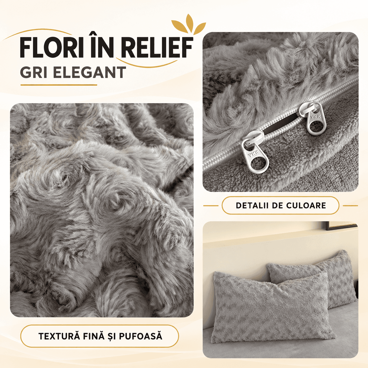 Lenjerie pat dublu, Cocolino, 4 piese, elastic, plușată cu fir lung, husă de pilotă 2-în-1, Casa New Concept, model gri cu trandafiri – imagine produs 3