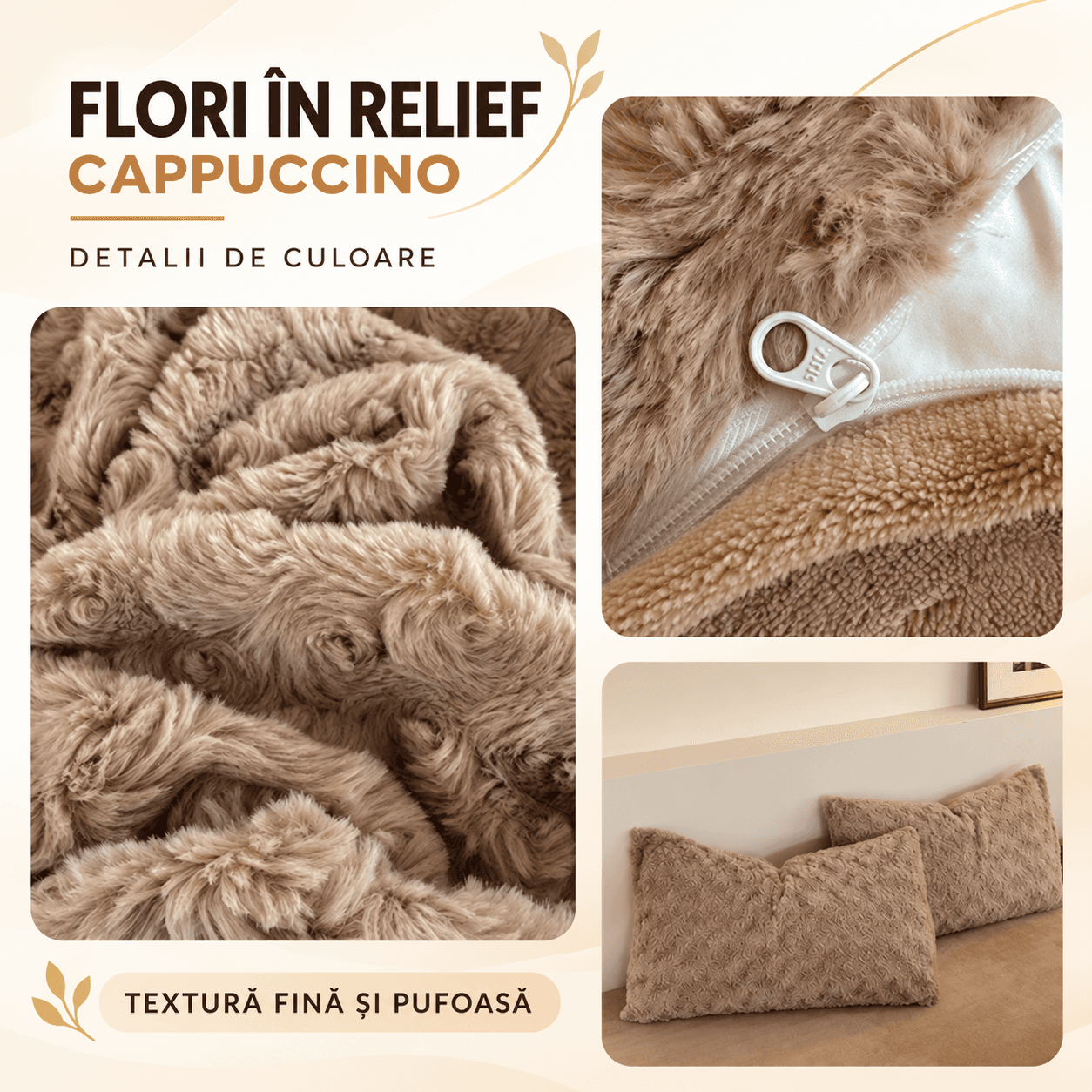 Lenjerie pat dublu, Cocolino, 4 piese, elastic, plușată cu fir lung, husă de pilotă 2-în-1, Casa New Concept, model maro cappuccino cu trandafiri – imagine produs 3