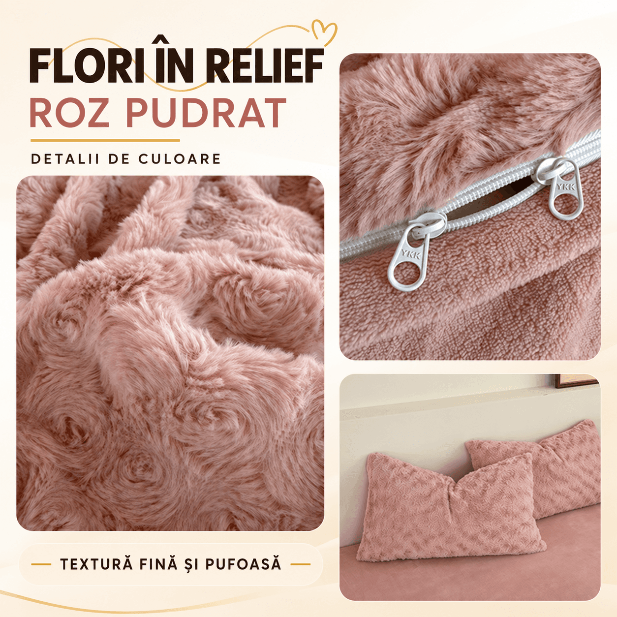 Lenjerie pat dublu, Cocolino, 4 piese, elastic, plușată cu fir lung, husă de pilotă 2-în-1, Casa New Concept, model roz pudrat cu trandafiri – imagine produs 4
