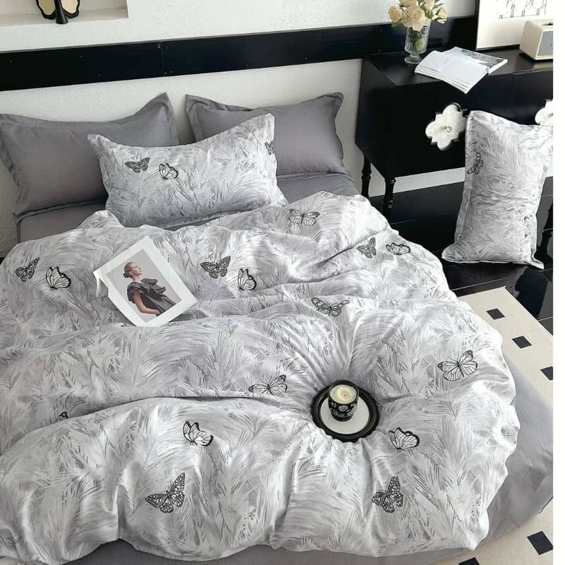 Lenjerie de pat dublu (180x200cm) cu elastic, finet gros 6 piese, model botanic cu fluturi