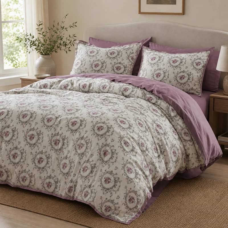 Lenjerie de pat dublu (180x200cm) din 100% bumbac natural, 6 piese, model medalioane florale