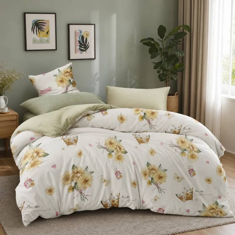 Lenjerie de pat dublu (180x200cm) din 100% bumbac natural, 6 piese, model buchete de floarea-soarelui