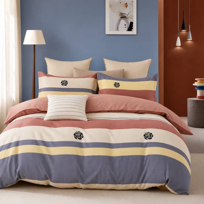 Lenjerie de pat dublu (180x200cm) din 100% bumbac natural, 6 piese, model dungi cu trandafiri