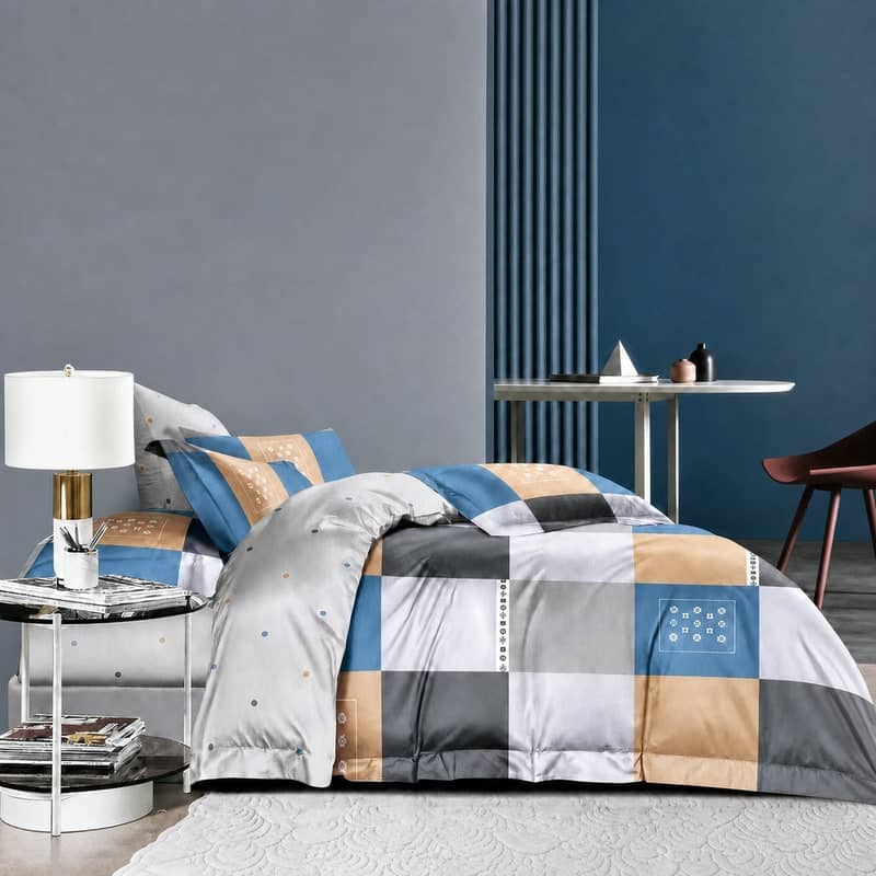 Lenjerie de pat dublu (180x200cm) din 100% bumbac natural, 6 piese, model geometric albastru-gri