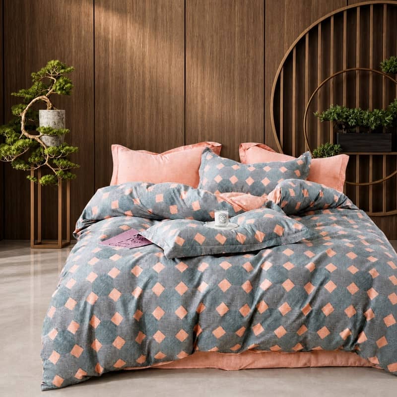 Lenjerie de pat dublu (180x200cm) din 100% bumbac natural, 6 piese, model romburi