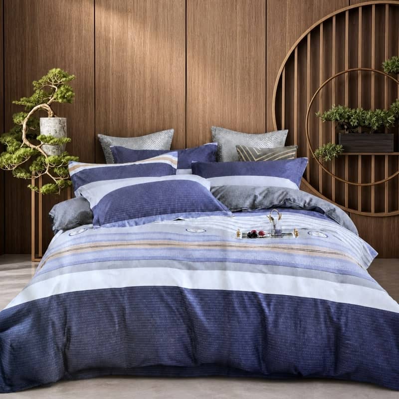 Lenjerie de pat dublu (180x200cm) din 100% bumbac natural, 6 piese, model dungi bleumarin