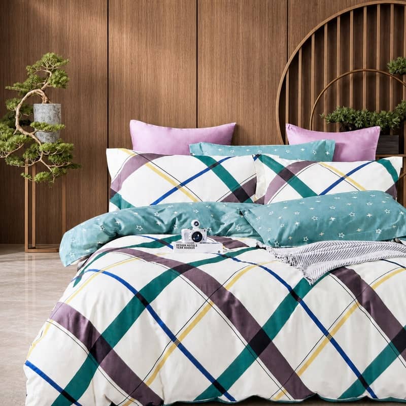 Lenjerie de pat dublu (180x200cm) din 100% bumbac natural, 6 piese, model carouri turcoaz