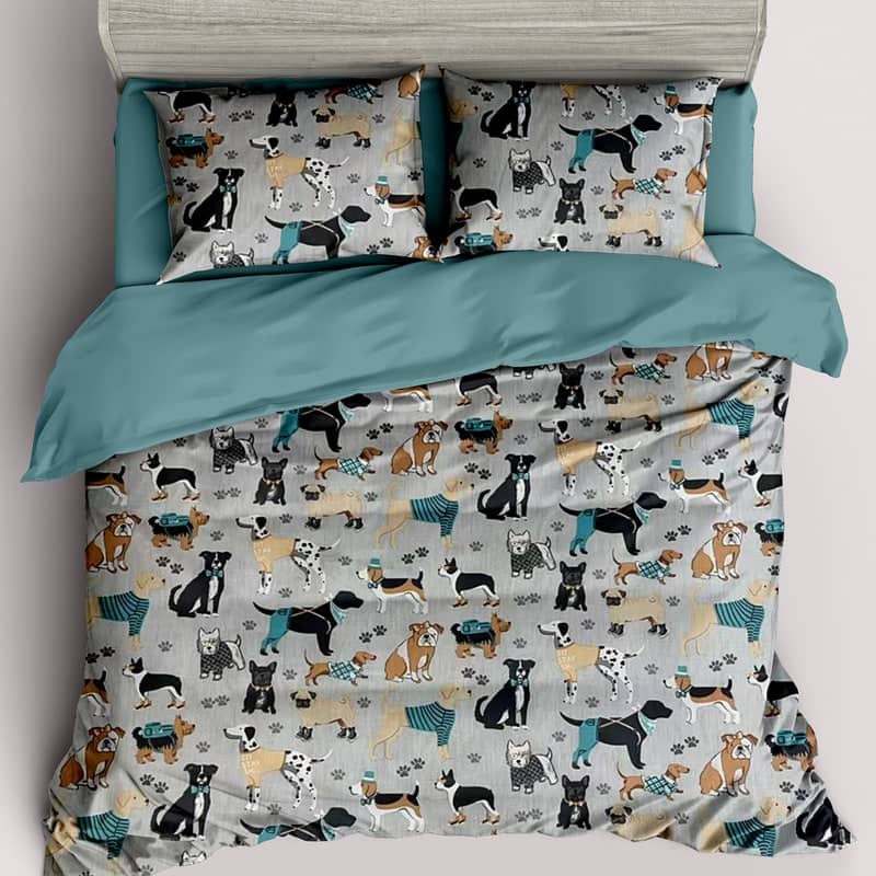 Lenjerie de pat single, 100% bumbac natural,  4 piese, model câini multicolori
