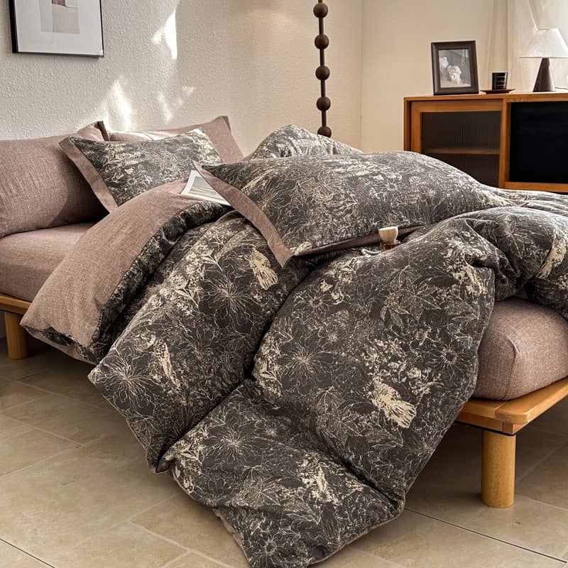 COLORFUL HOME® · Lenjerie de pat dublu (180x200cm) cu elastic, efect de in și bumbac, 4 piese, model floral vintage antracit