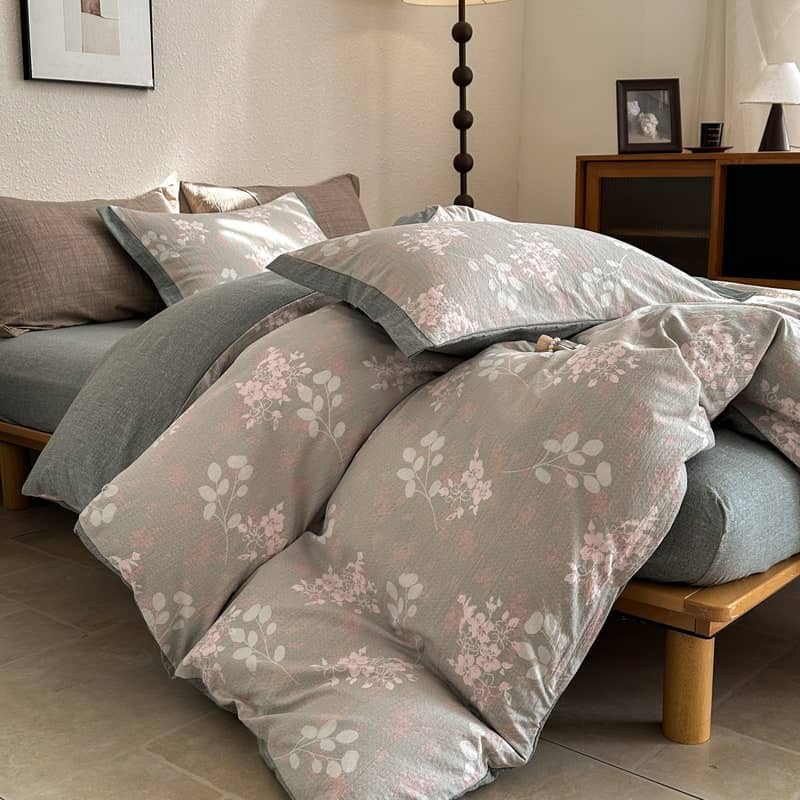 COLORFUL HOME® · Lenjerie de pat dublu (180x200cm) cu elastic, efect de in și bumbac, 4 piese, model frunze roz