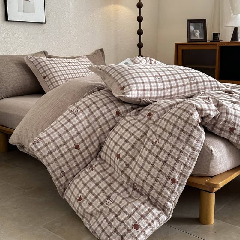 COLORFUL HOME® · Lenjerie de pat dublu (180x200cm) cu elastic, efect de in și bumbac, 4 piese, model carouri