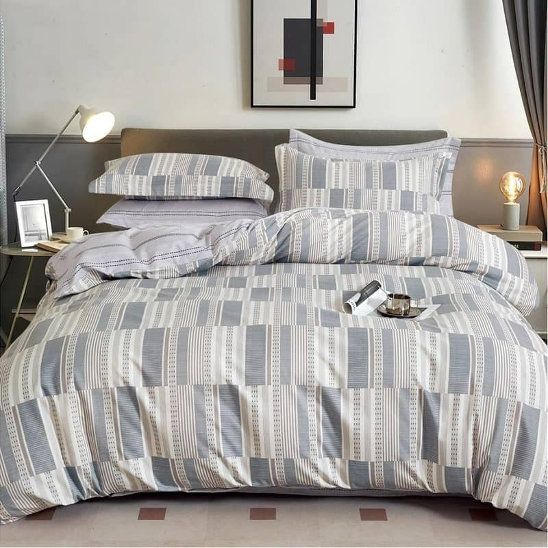 Lenjerie de pat dublu (180x200cm), finet gros 6 piese, model carouri gri-bej