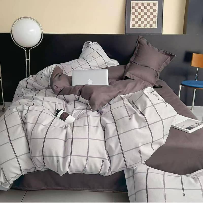Lenjerie de pat dublu (180x200cm), finet gros 6 piese, model carouri gri-maro