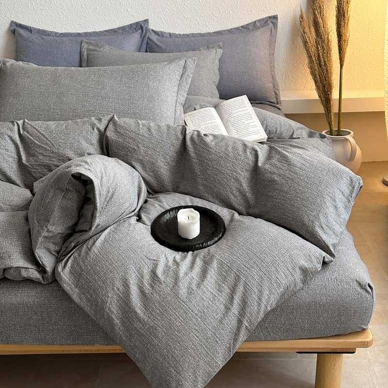 COLORFUL HOME® · Lenjerie de pat dublu (180x200cm) cu elastic, 4 piese, efect de in și bumbac, model gri texturat