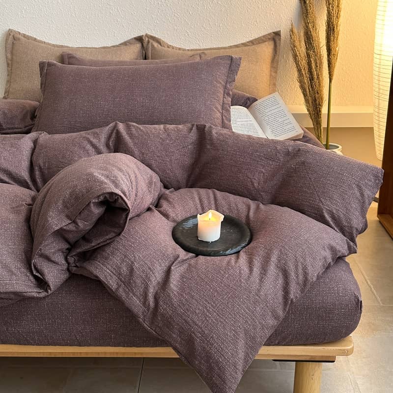 COLORFUL HOME® · Lenjerie de pat dublu (180x200cm) cu elastic, 4 piese, efect de in și bumbac, model maro texturat