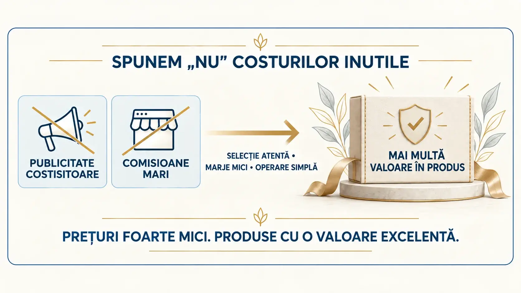 Costurile de publicitate și comisioanele platformelor sunt eliminate pentru a păstra valoarea reală a produsului