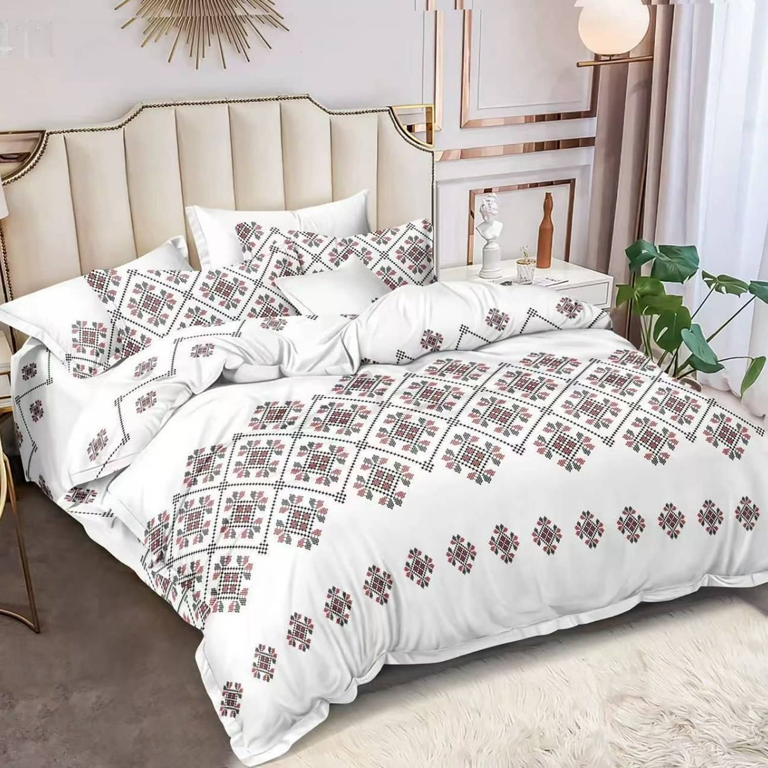 Lenjerie pat dublu, finet gros, elastic, 6 piese, model alb gri cu motive medalion | East Comfort
