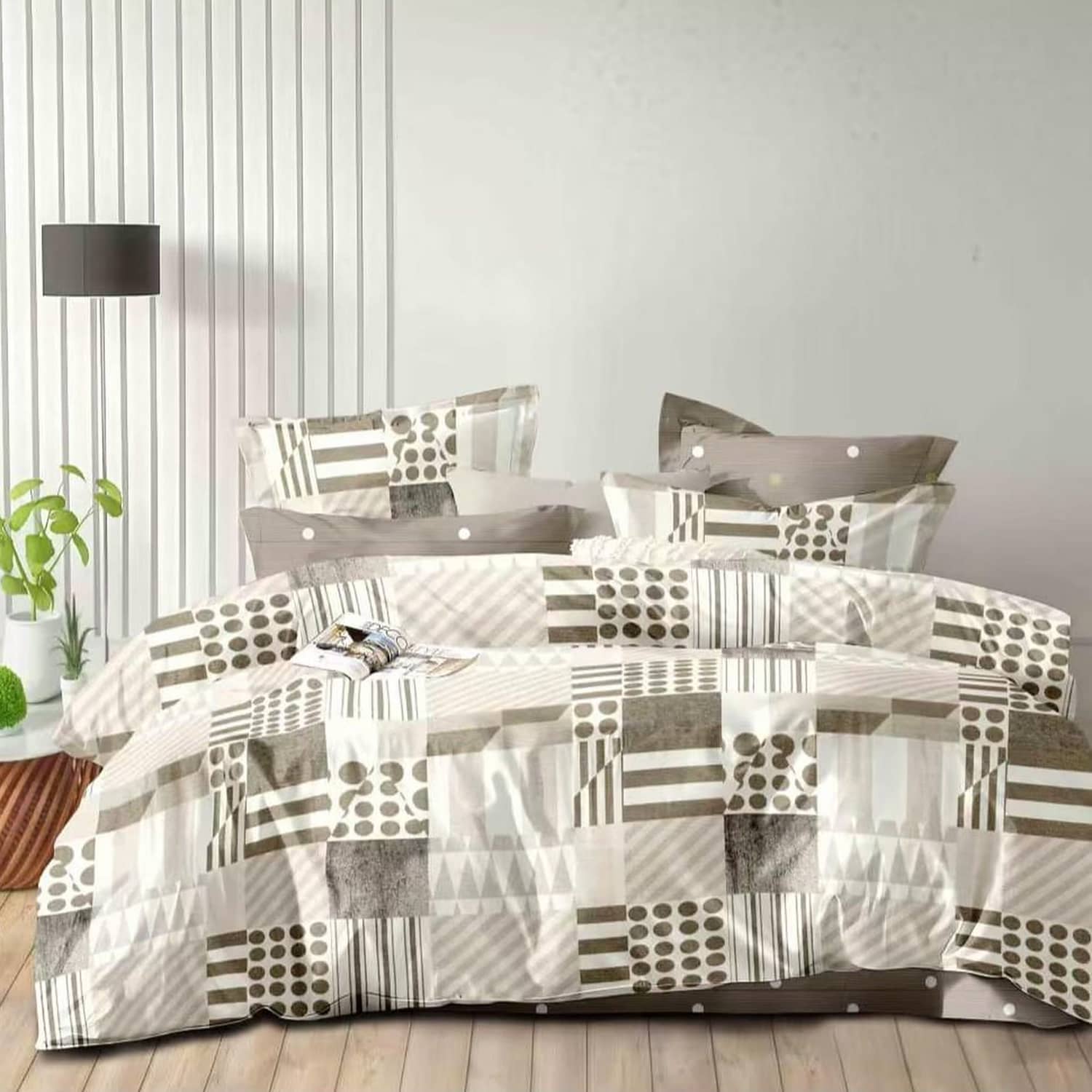 Lenjerie pat dublu, finet gros, elastic, 6 piese, model bej cu carouri neregulate | East Comfort
