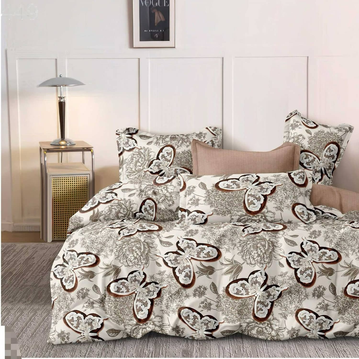 Lenjerie pat dublu, finet gros, elastic, 6 piese, model bej cu fluturi maro | East Comfort