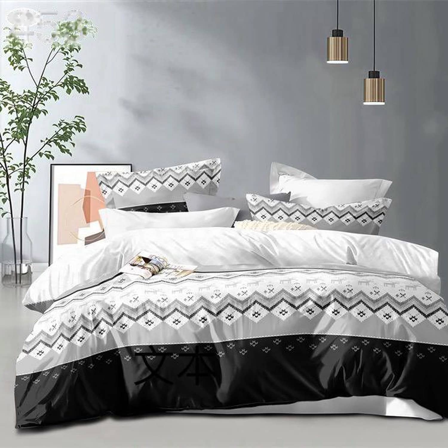 Lenjerie pat dublu, finet gros, elastic, 6 piese, model gri alb cu bordura zigzag | East Comfort