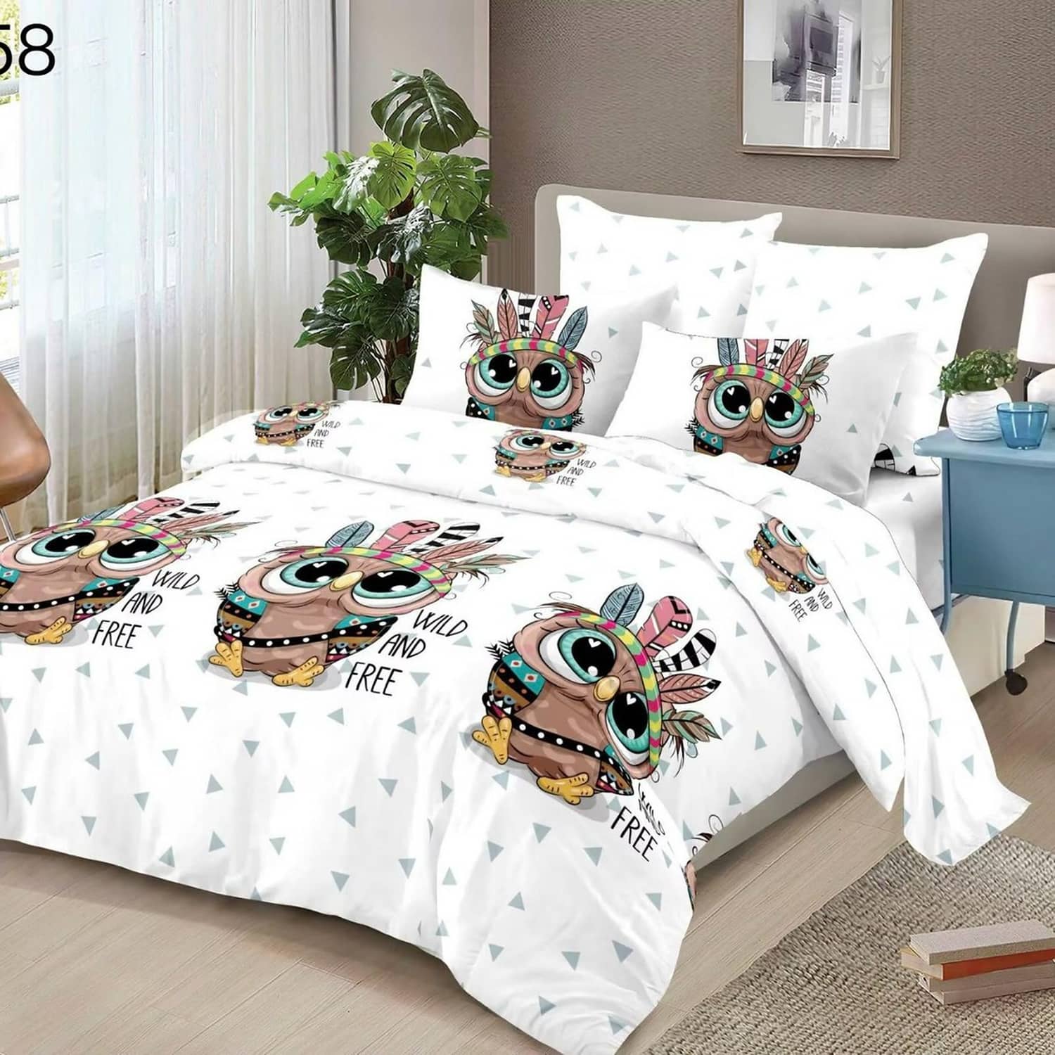 Lenjerie pat dublu, finet gros, elastic, 6 piese, model alb cu bufnite colorate | East Comfort