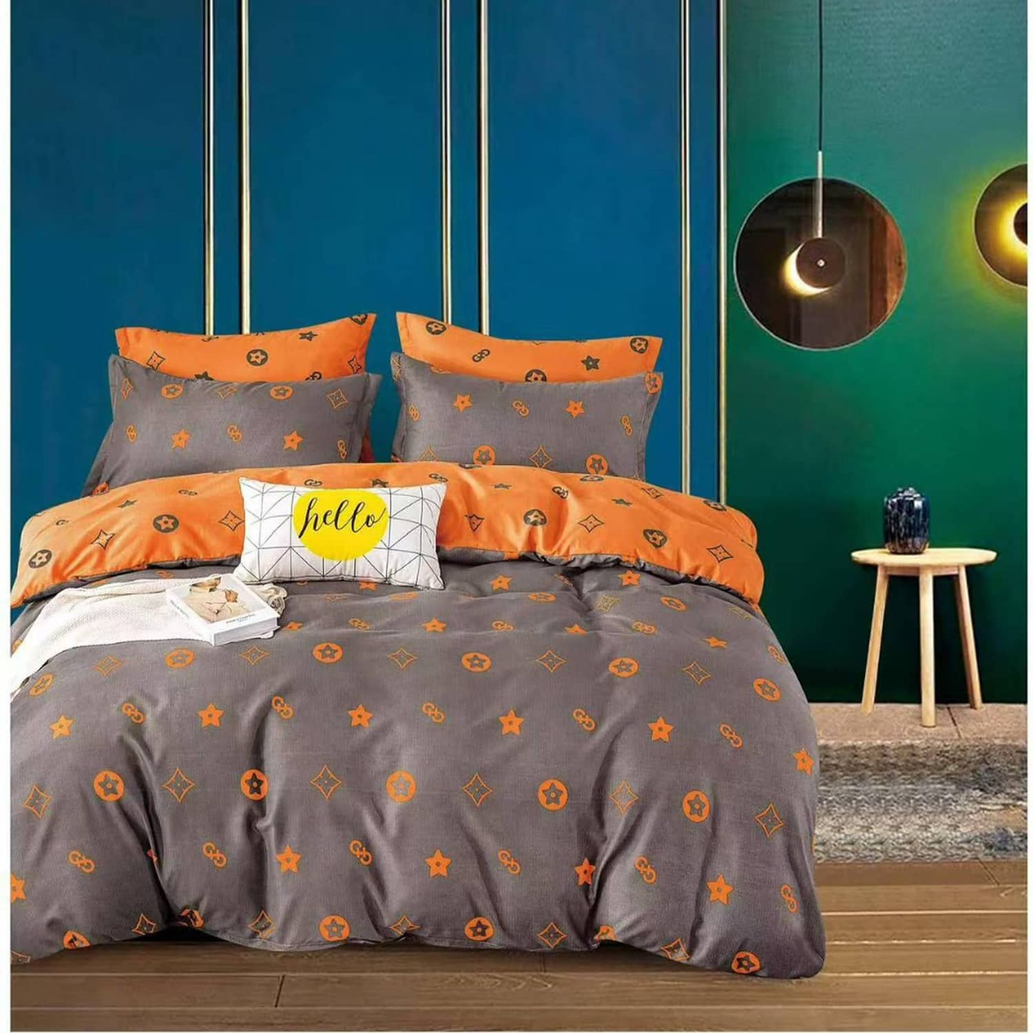 Lenjerie pat dublu, finet gros, elastic, 6 piese, model gri portocaliu cu motive florale | East Comfort