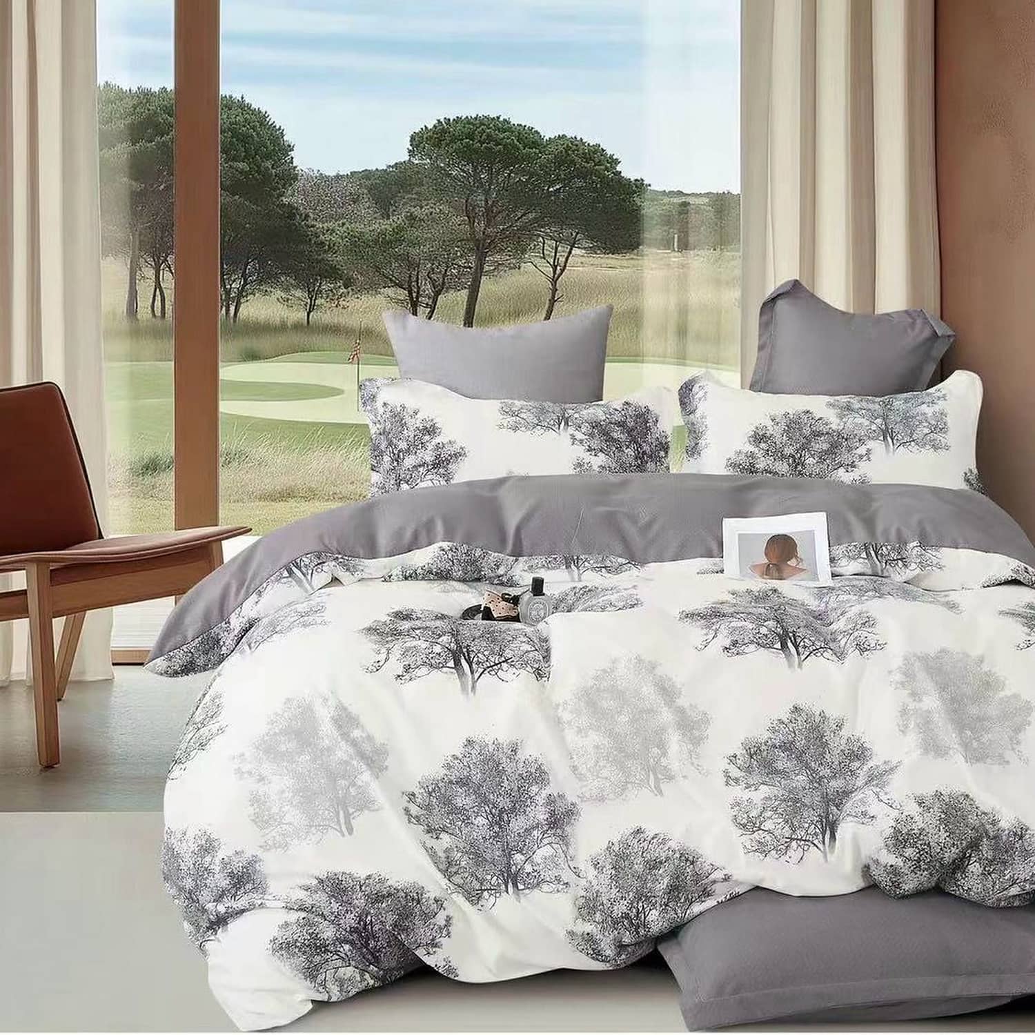Lenjerie pat dublu, finet gros, elastic, 6 piese, model alb gri cu copaci | East Comfort