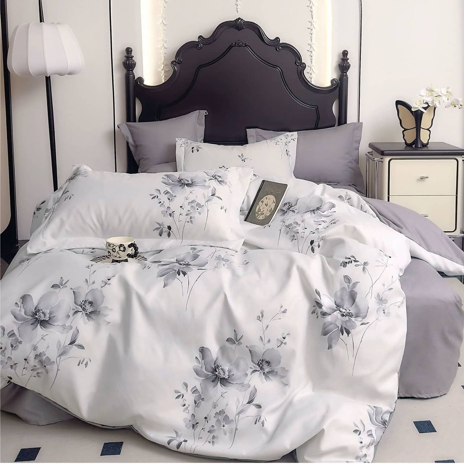 Lenjerie pat dublu, finet gros, elastic, 6 piese, model alb gri cu flori acuarela | East Comfort