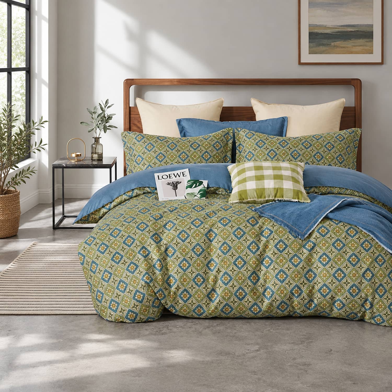 Lenjerie pat dublu, finet gros, elastic, 6 piese, model verde oliv cu motive geometrice | East Comfort