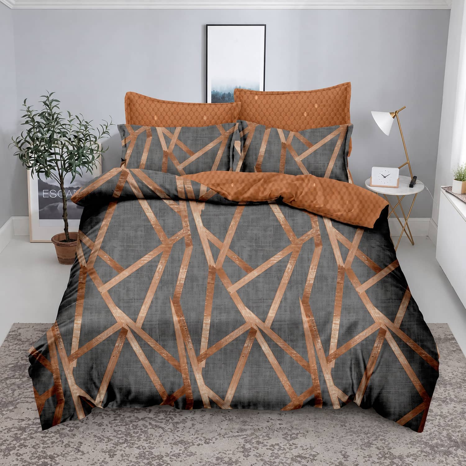 Lenjerie pat dublu, elastic, finet (Microfibra), 4 piese, Casa New Concept, model gri cu linii cupru