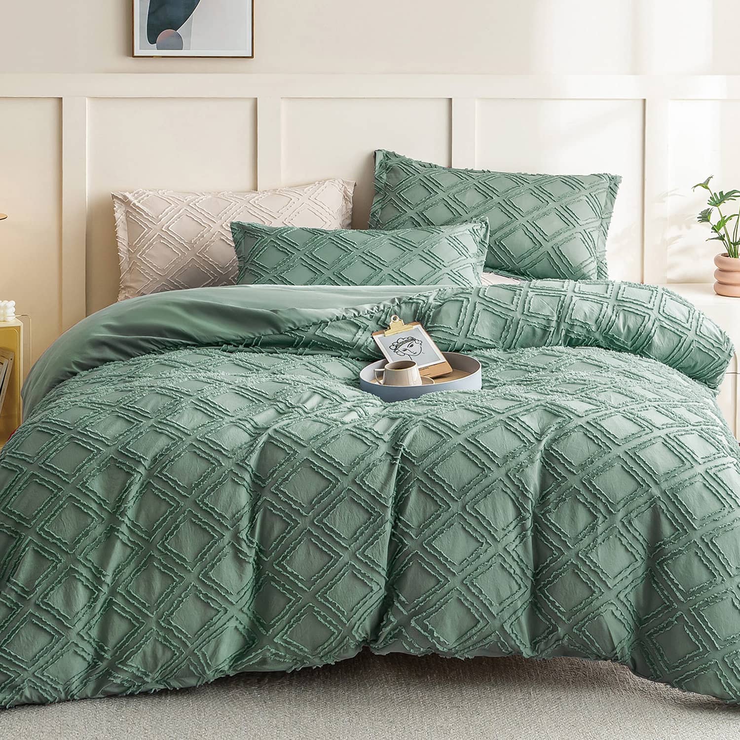 Lenjerie de pat dublu cu elastic, din 100% microfibră, 4 piese, Casa New Concept, model verde menta cu romburi fine
