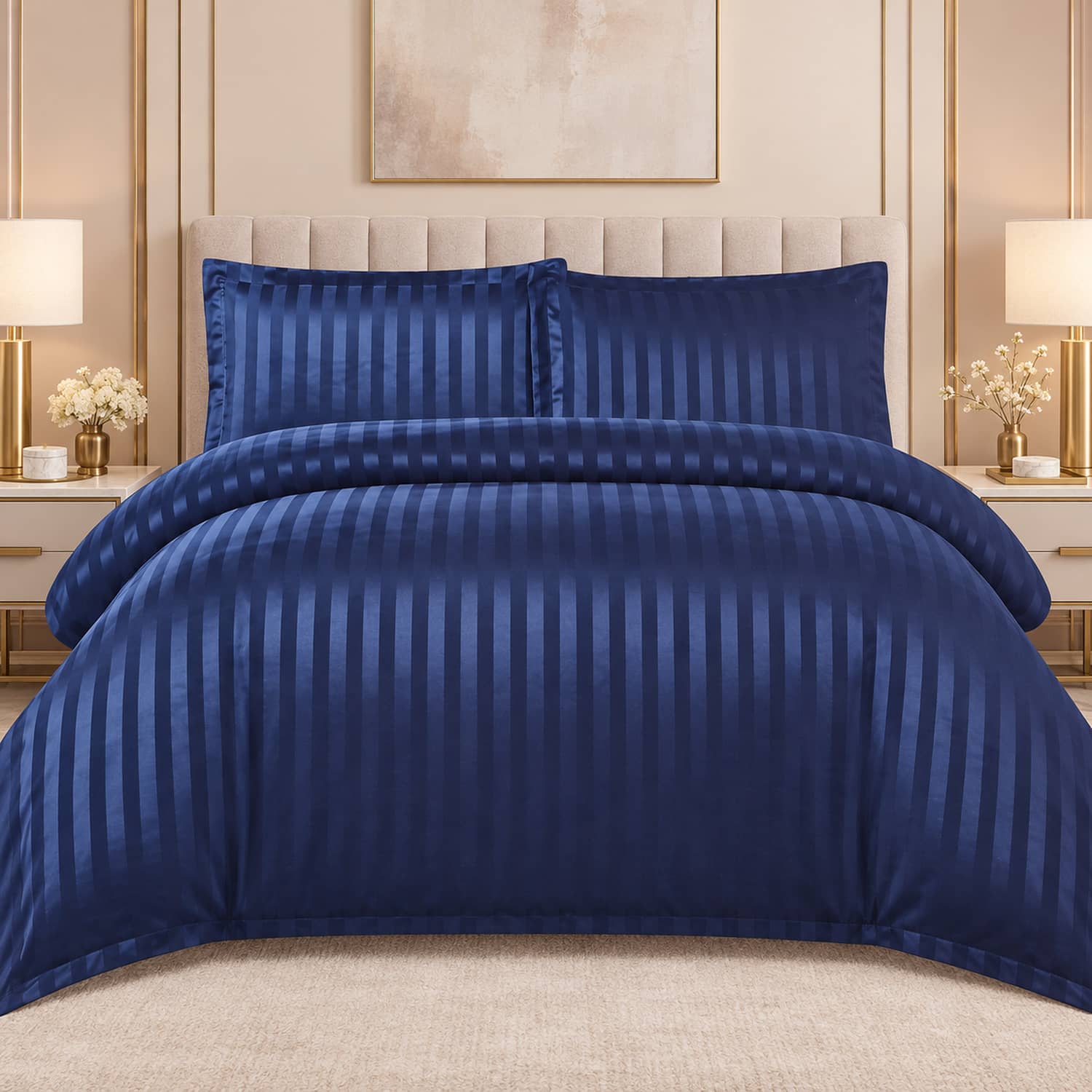 Lenjerie pat dublu, damasc, elastic, 4 piese, Casa New Concept, model bleumarin