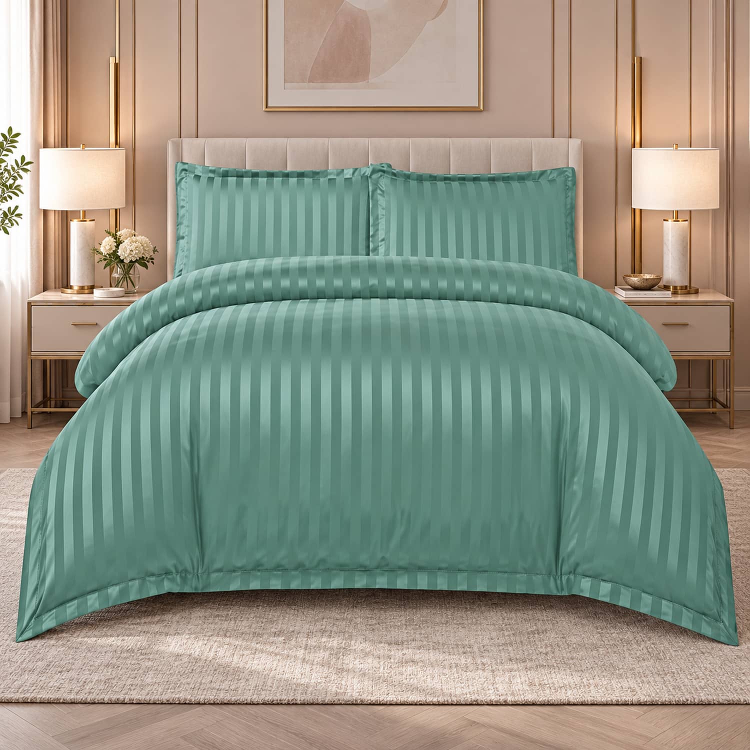 Lenjerie pat dublu, damasc, elastic, 4 piese, Casa New Concept, model verde menta