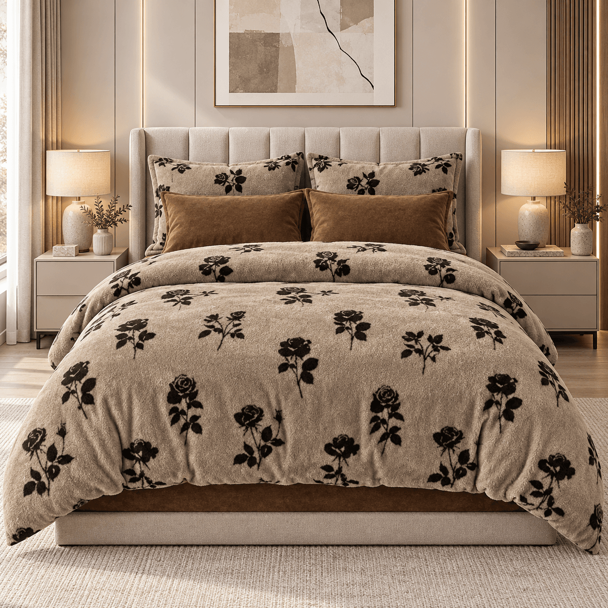 Lenjerie pat dublu din catifea de lapte, Cocolino, elastic, 6 piese, model bej cu trandafiri negri | East Comfort