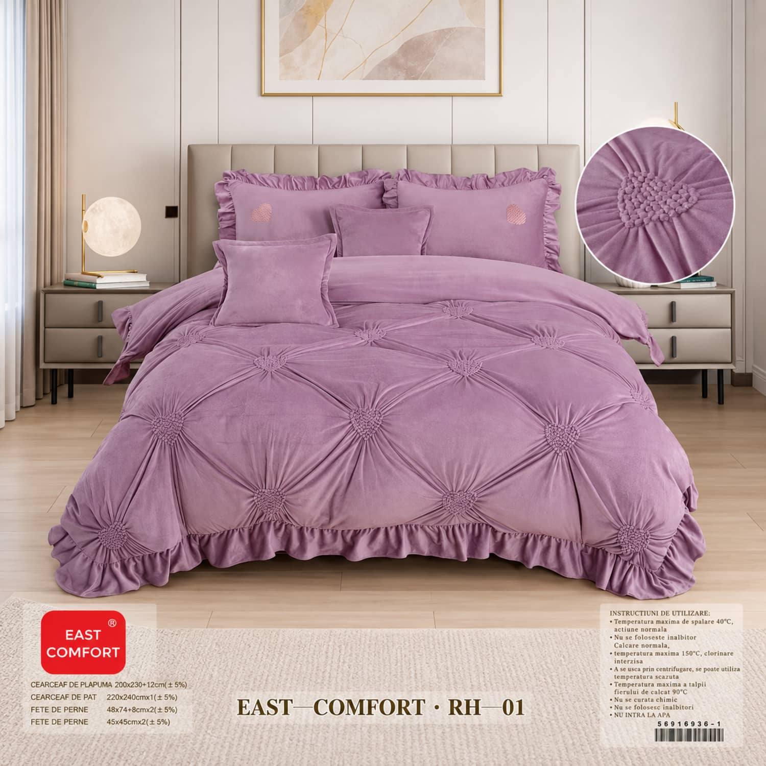 Lenjerie pat dublu din catifea de lapte, Cocolino cu fir scurt și volane, 6 piese, model lila cu romburi si volane | East Comfort