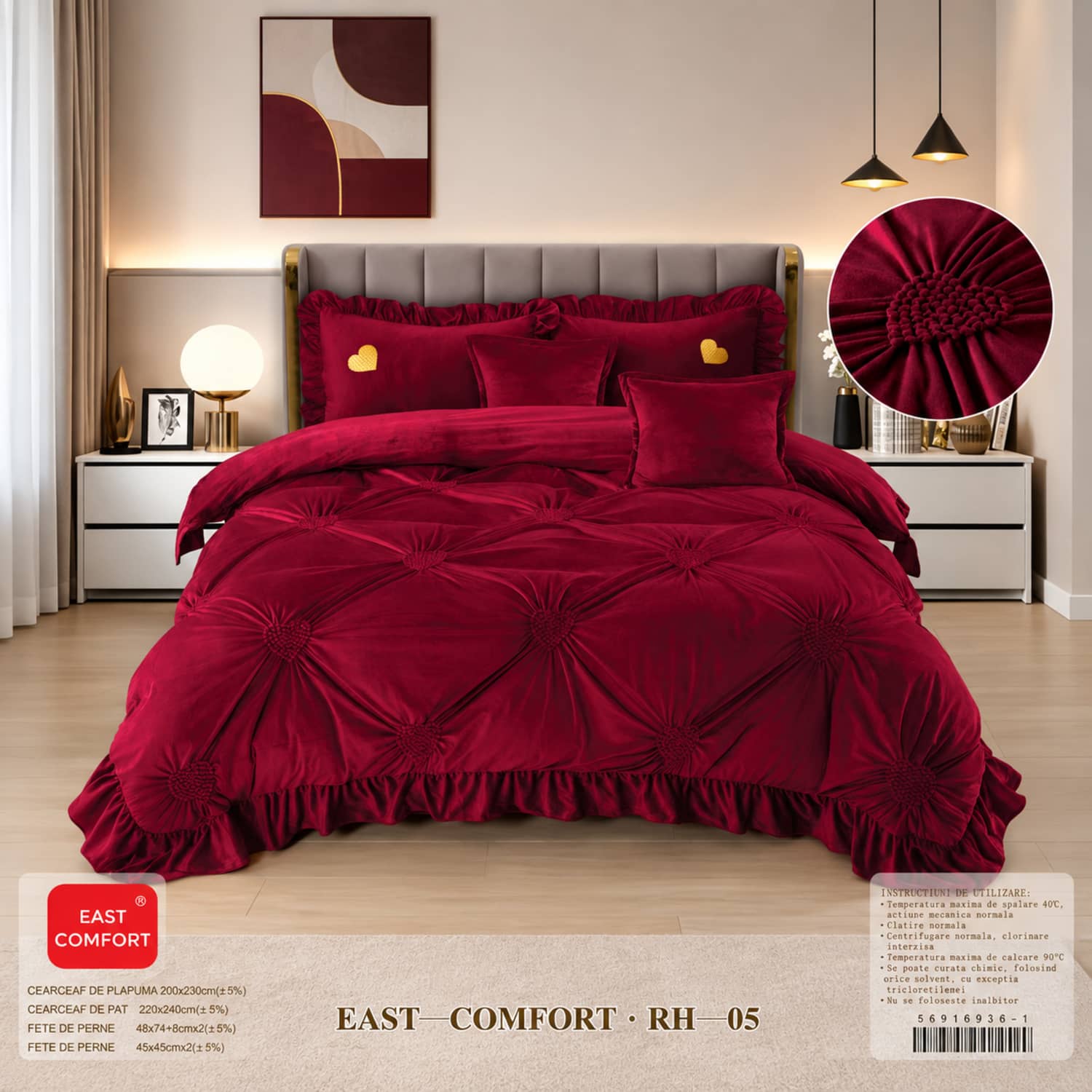 Lenjerie pat dublu din catifea de lapte, Cocolino cu fir scurt și volane, 6 piese, model rosu bordo cu romburi si volane | East Comfort