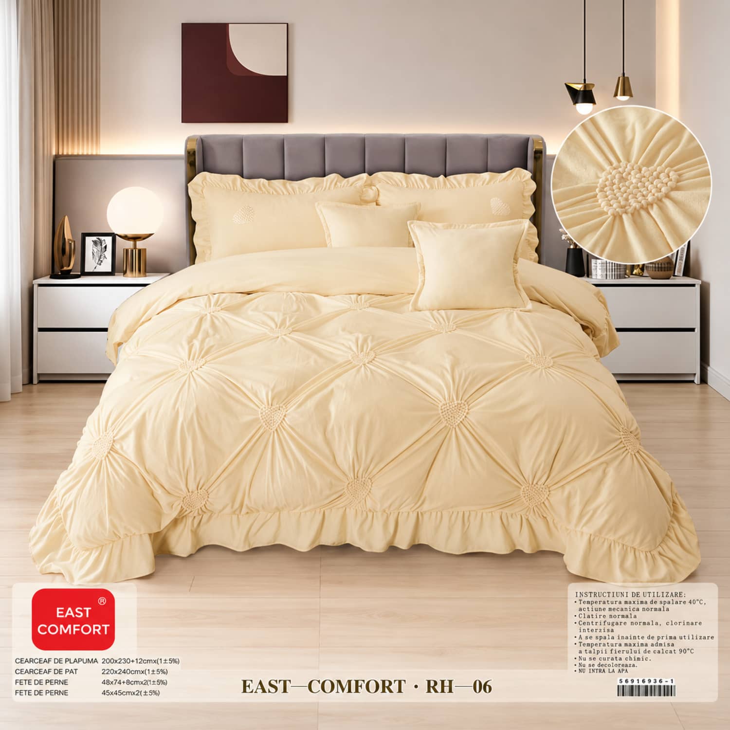 Lenjerie pat dublu din catifea de lapte, Cocolino cu fir scurt și volane, 6 piese, model crem cu romburi si volane | East Comfort