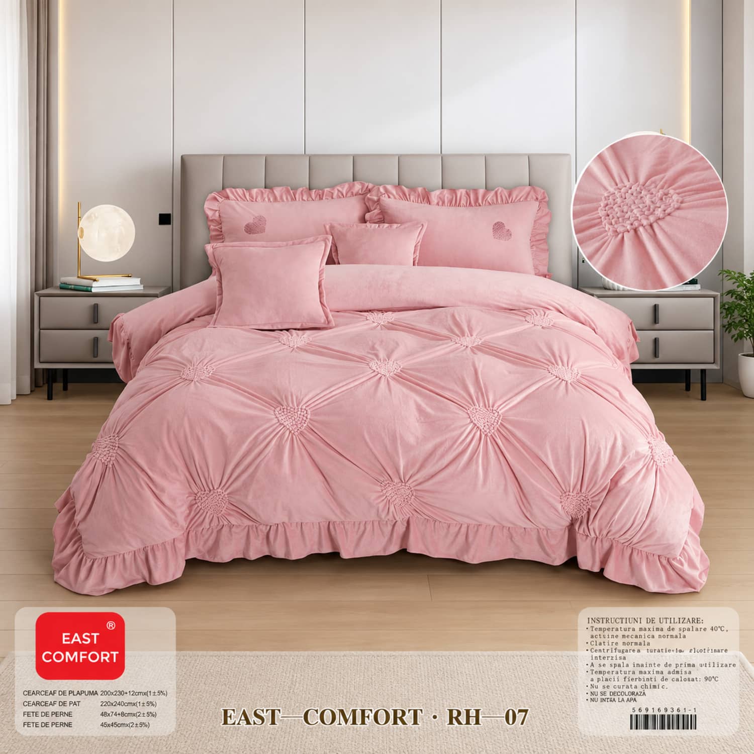 Lenjerie pat dublu din catifea de lapte, Cocolino cu fir scurt și volane, 6 piese, model roz pudrat cu romburi si volane | East Comfort
